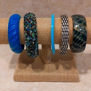 3 for $30 Five Bangle Bracelets Blue Silver Metal Plastic Beaded Mixed Lot